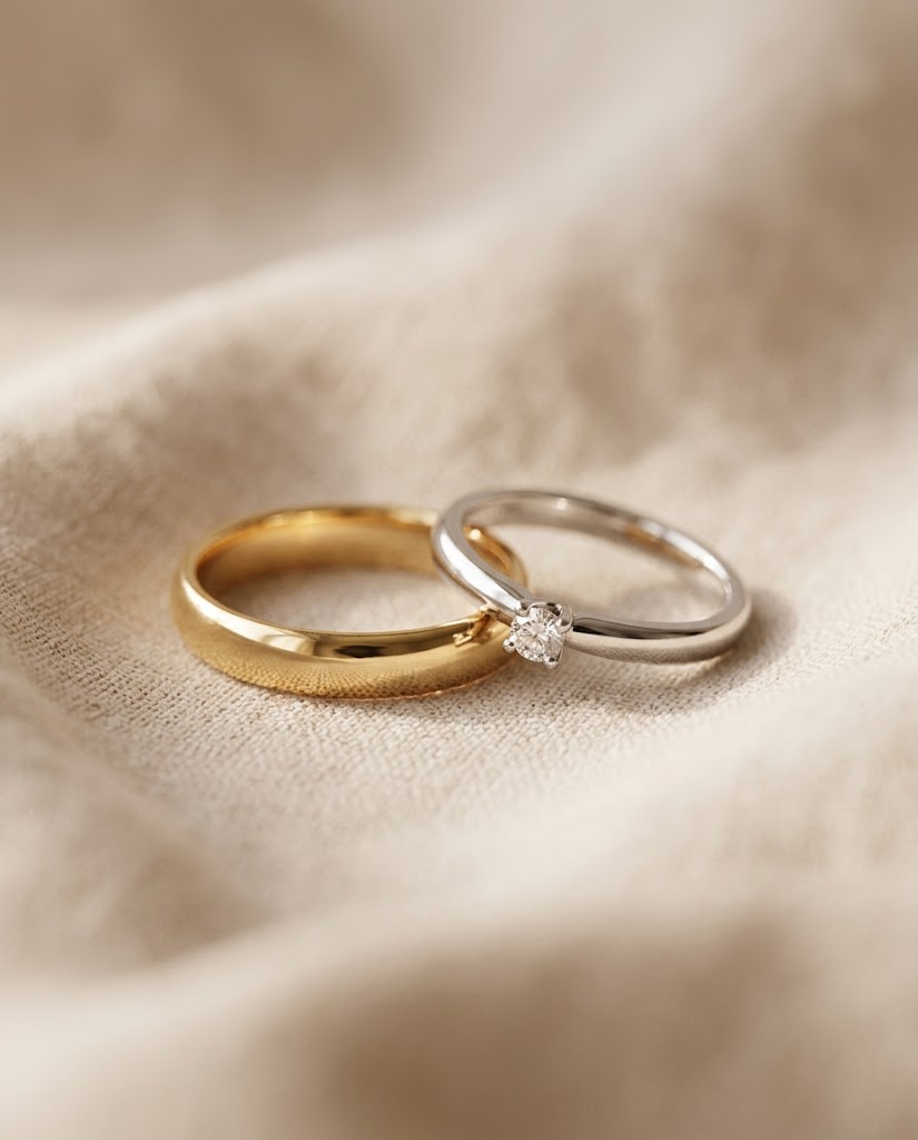 Gouden trouwring en witgouden ring met diamant op linnen
