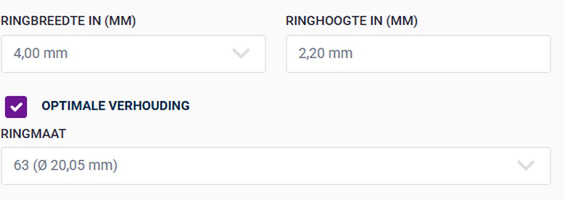 De velden Ringbreedte, Ringhoogte en Ringmaat in de configurator