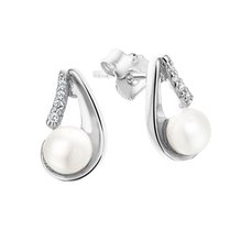 Gerhodineerd zilveren oorknoppen met zoetwaterparel met zirkonia.