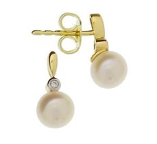geelgouden oorknoppen parel en diamant