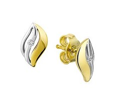 Bicolor wit- en geelgouden gestifte oorknoppen met diamant. Bicolor wit- en geelgouden gestifte oorknoppen met diamant.