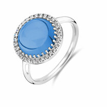 ring blauw topaas en zirkonia halo