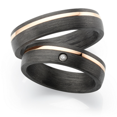 Trouwringen 14k rosegoud met carbon