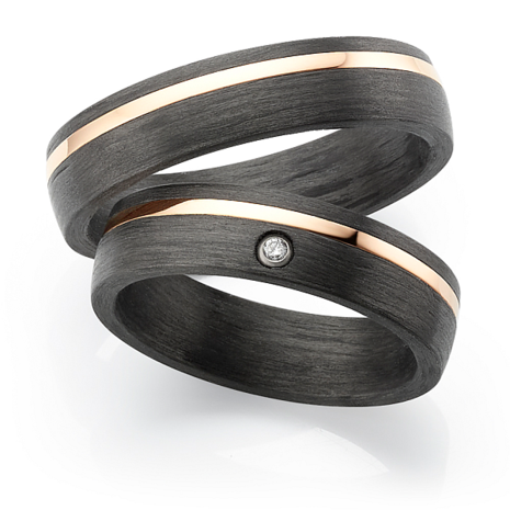 Trouwringen 14k rosegoud met carbon