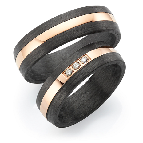 Trouwringen 14k rosegoud met carbon